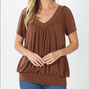 Banded Bottom Brown V Neck Short Sleeve Shirt Plus